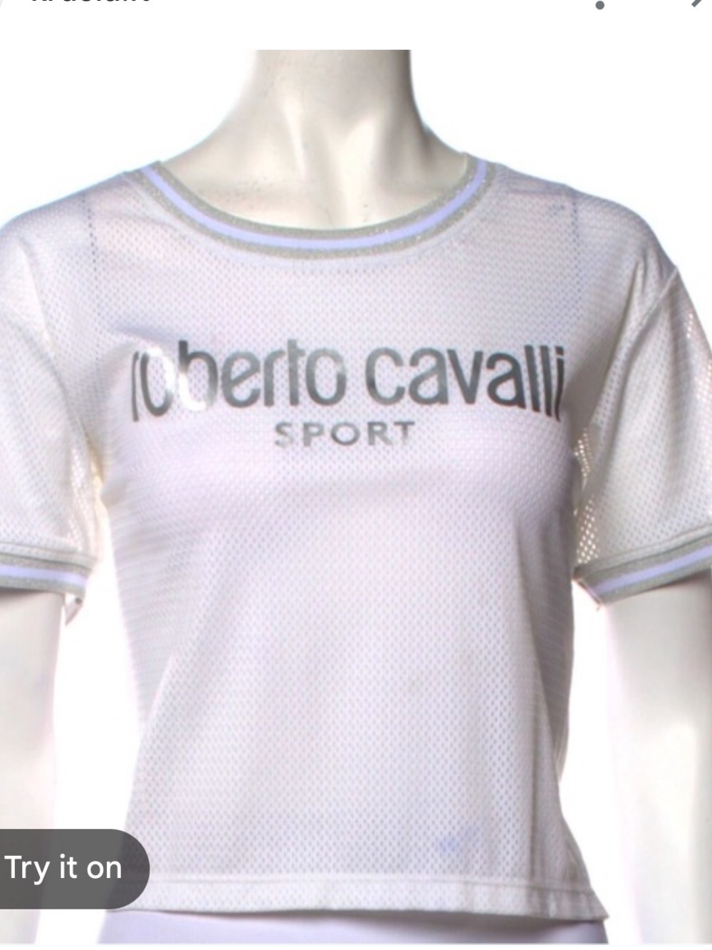 Roberto Cavalli Sport White Mesh metallic Logo Crop Top Jersey Large